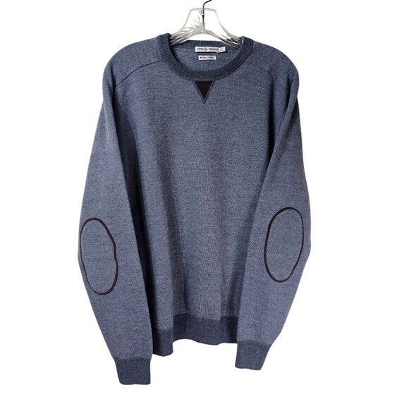 Peter Millar Blue Crewneck Sweater XL Elbow Patches Italian Merino Wool Preppy - Picture 1 of 8